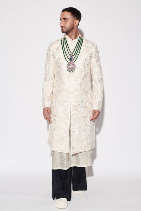 Buy_Varun Bahl_Ivory Modal, Chanderi, Cotton Sequins, Embroidery Sherwani Set _Online_at_Aza_Fashions