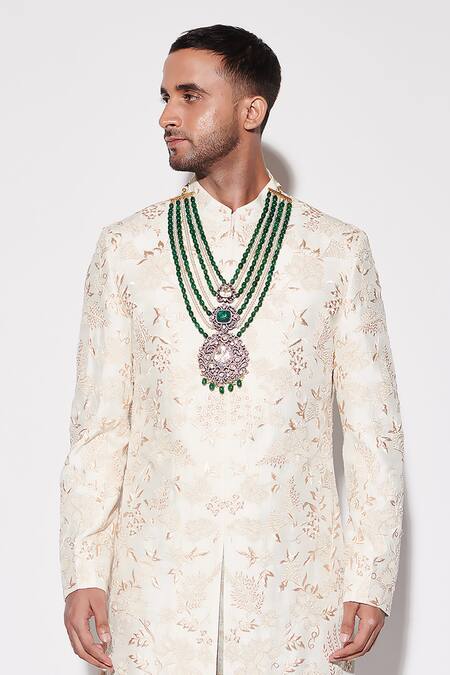 Shop_Varun Bahl_Ivory Modal, Chanderi, Cotton Sequins, Embroidery Sherwani Set _Online_at_Aza_Fashions