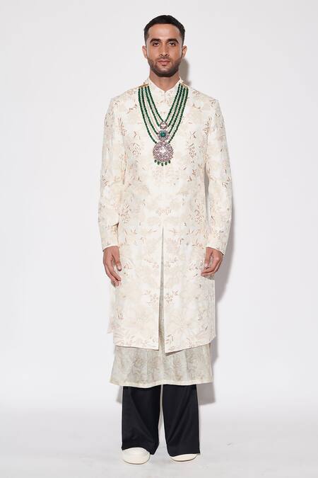 Buy_Varun Bahl_Ivory Modal, Chanderi, Cotton Sequins, Embroidery Sherwani Set 