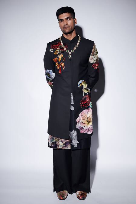 Buy_Varun Bahl_Black Chanderi Applique Velvet Sherwani Set _Online_at_Aza_Fashions