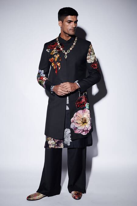 Shop_Varun Bahl_Black Chanderi Applique Velvet Sherwani Set _Online_at_Aza_Fashions