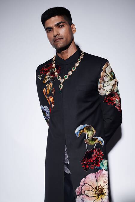 Varun Bahl_Black Chanderi Applique Velvet Sherwani Set _at_Aza_Fashions