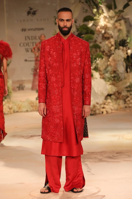 Shop_Varun Bahl_Red Modal Dupion And Cotton Silk Embroidered Cutdana Sherwani Set  _at_Aza_Fashions