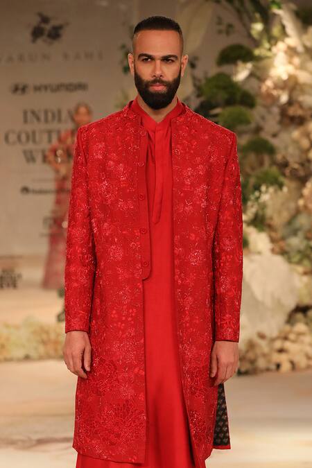 Varun Bahl_Red Modal Dupion And Cotton Silk Embroidered Cutdana Sherwani Set  _Online_at_Aza_Fashions