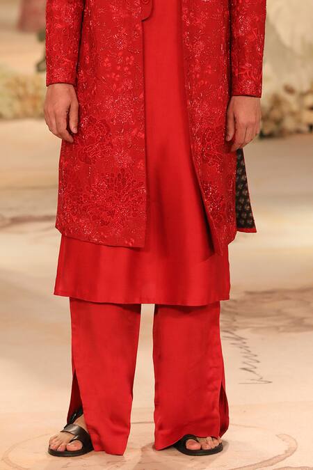 Buy_Varun Bahl_Red Modal Dupion And Cotton Silk Embroidered Cutdana Sherwani Set  _Online_at_Aza_Fashions