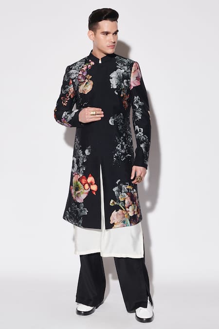 Varun Bahl_Black Cotton, Silk Sequins, Beads Printed Sherwani Set _Online_at_Aza_Fashions