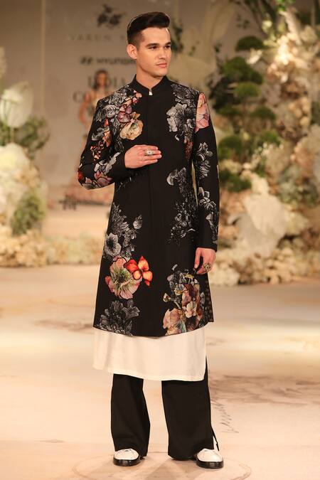 Varun Bahl_Black Cotton, Silk Sequins, Beads Printed Sherwani Set _at_Aza_Fashions