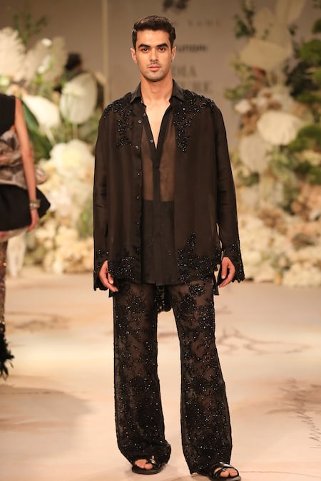 Varun Bahl Black Organza Embroidered Floral Shirt And Trouser Set  