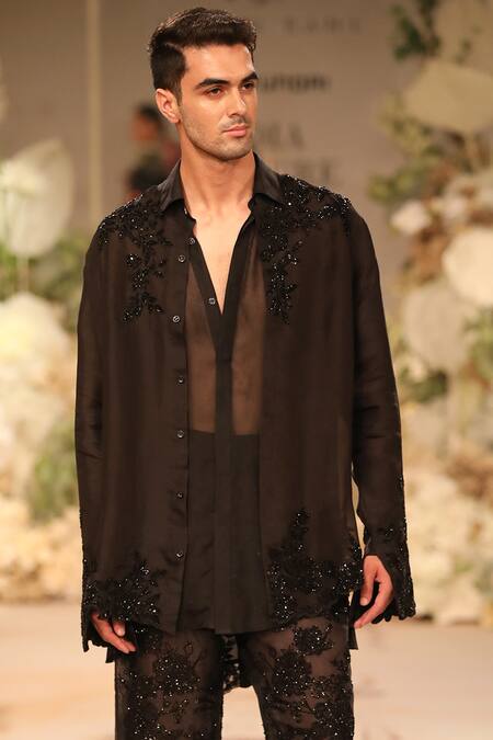Varun Bahl_Black Organza Sequins Embroidered Shirt And Trouser Set _Online_at_Aza_Fashions