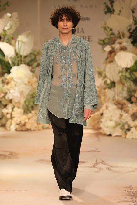 Shop_Varun Bahl_Blue Chiffon Embroidered Floral Cardigan And Trouser Set  _at_Aza_Fashions