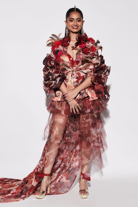 Varun Bahl_Red Net, Chiffon, Silk, Crepe, Floral Vine Print Layered Dress With Bralette _Online_at_Aza_Fashions