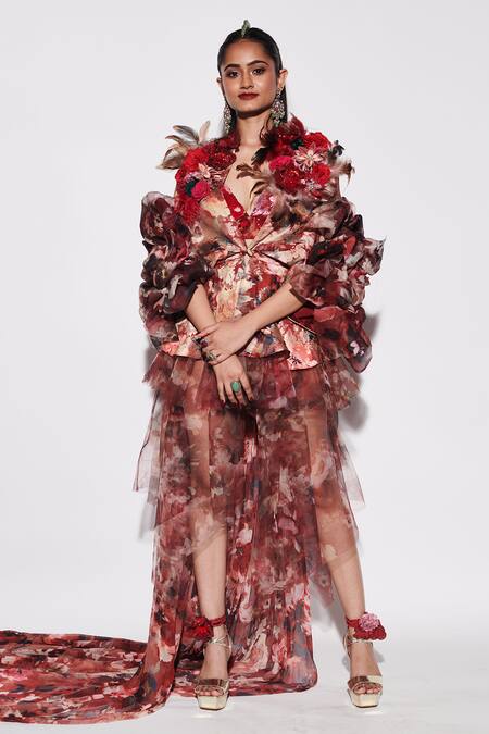 Buy_Varun Bahl_Red Net, Chiffon, Silk, Crepe, Floral Vine Print Layered Dress With Bralette _Online_at_Aza_Fashions