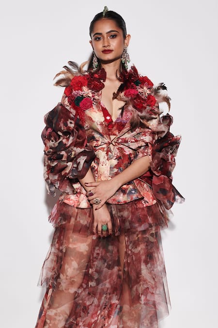 Shop_Varun Bahl_Red Net, Chiffon, Silk, Crepe, Floral Vine Print Layered Dress With Bralette _Online_at_Aza_Fashions