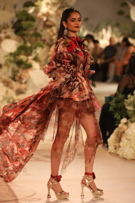 Varun Bahl_Red Net, Chiffon, Silk, Crepe, Floral Vine Print Layered Dress With Bralette _at_Aza_Fashions