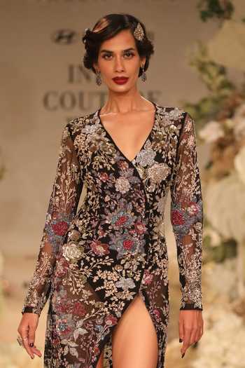 Varun Bahl Black Net Embroidery, Sequins, Beads V-neck Floral Bloom Gown Online at Aza Fashions Varun Bahl_Black Net Embroidery, Sequins, Beads V-neck Floral Bloom Gown _Online_at_Aza_Fashions