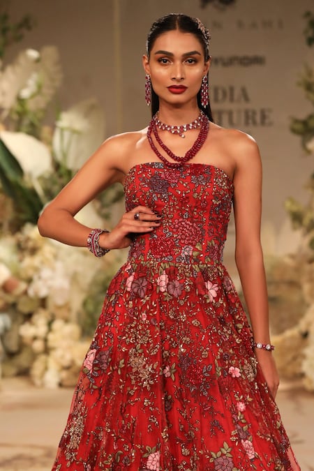 Shop Varun Bahl Red Net Sequins, Beads Bandeau Neck Floral Bloom Embroidered Ball Gown at Aza Fashions Shop_Varun Bahl_Red Net Sequins, Beads Bandeau Neck Floral Bloom Embroidered Ball Gown _at_Aza_Fashions
