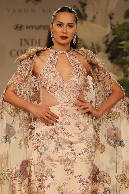Varun Bahl_Beige Net, Crepe Sequins, Embroidery Halter Flower Vine Pattern Gown With Cape _Online_at_Aza_Fashions
