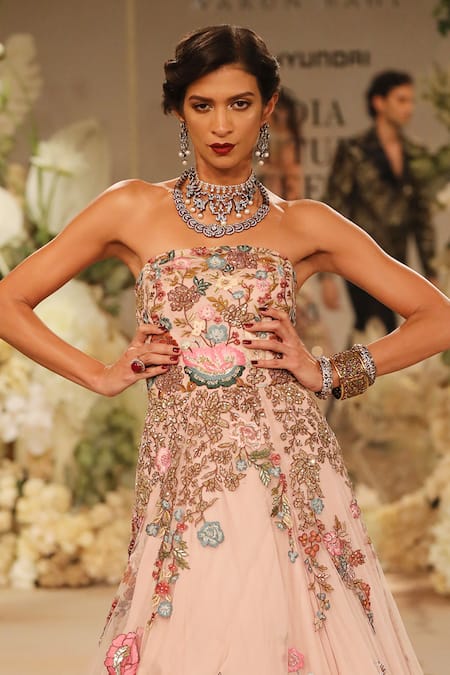 Varun Bahl_Pink Net Sequins, Embroidery Bandeau Neck Floral Artwork Ball Gown _Online_at_Aza_Fashions