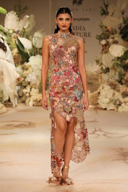 Varun Bahl Floral Resham Embroidered High Low Hem Gown 