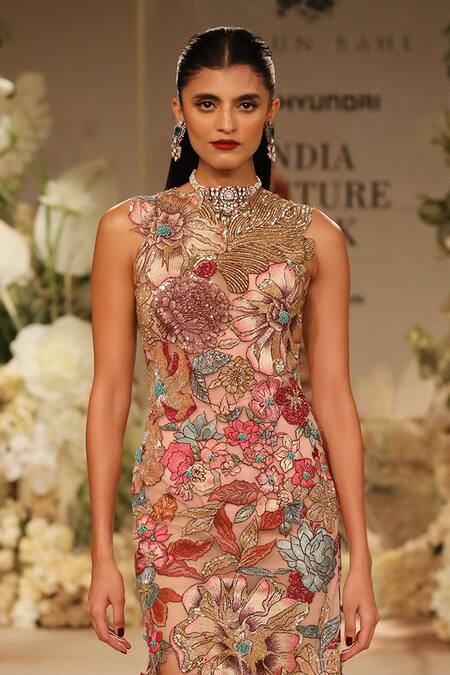 Varun Bahl_Pink Net, Polyester Embroidery Asymmetric Floral Resham High Low Hem Gown _Online_at_Aza_Fashions