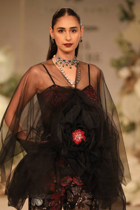 Varun Bahl_Black Chanderi Silk, Net Embroidery, Sequins Floral Bloom Jumpsuit With Cape _Online_at_Aza_Fashions