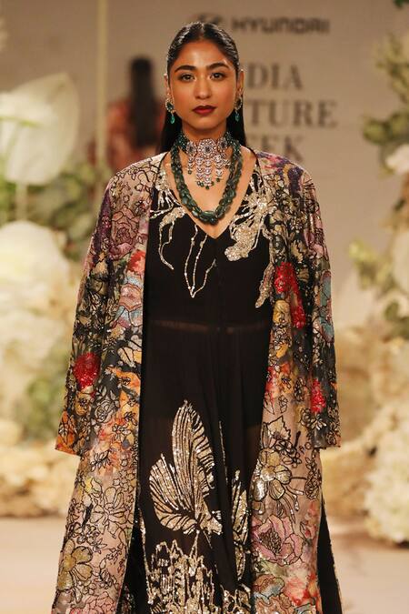 Varun Bahl Black Georgette, Brocade Sequins, Floral Embroidered Anarkali With Jacket Online at Aza Fashions Varun Bahl_Black Georgette, Brocade Sequins, Floral Embroidered Anarkali With Jacket _Online_at_Aza_Fashions