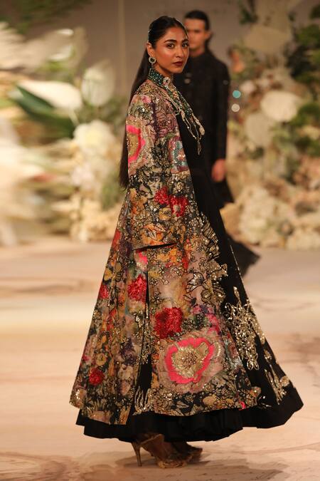 Buy_Varun Bahl_Black Georgette, Brocade Sequins, Floral Embroidered Anarkali With Jacket _Online_at_Aza_Fashions