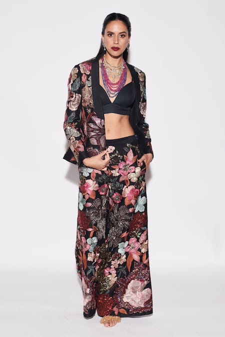 Buy_Varun Bahl_Black Chanderi Silk Sequins Collared Floral Embellished Jacket Trouser Set _Online_at_Aza_Fashions