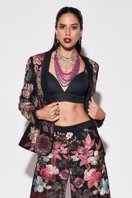 Shop_Varun Bahl_Black Chanderi Silk Sequins Collared Floral Embellished Jacket Trouser Set _Online_at_Aza_Fashions