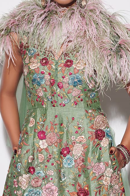 Varun Bahl_Green Georgette, Silk Organza, Denim Sequins, Floral Bloom Kurta Sharara Set _Online_at_Aza_Fashions