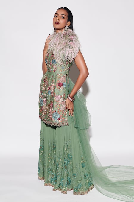 Buy_Varun Bahl_Green Georgette, Silk Organza, Denim Sequins, Floral Bloom Kurta Sharara Set _Online_at_Aza_Fashions