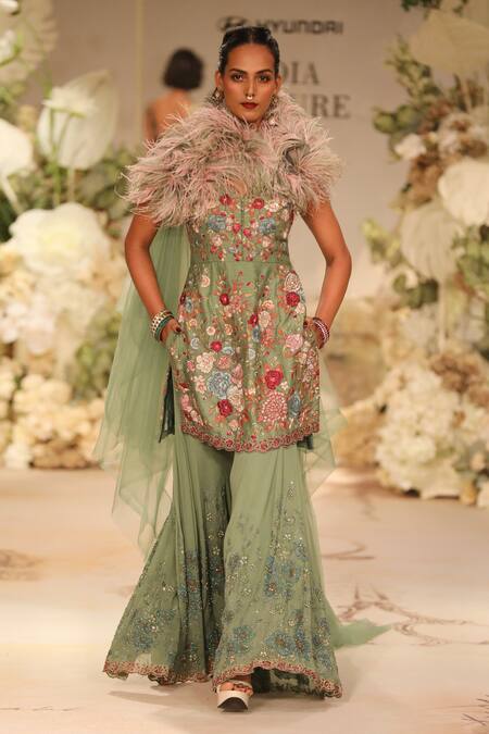 Shop_Varun Bahl_Green Georgette, Silk Organza, Denim Sequins, Floral Bloom Kurta Sharara Set _Online_at_Aza_Fashions