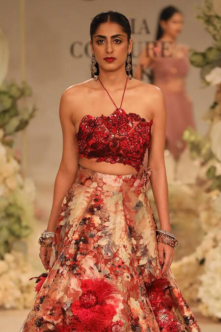 Varun Bahl_Red Silk, Brocade Embroidery, Sequins, 3d Floral Corsage Lehenga With Blouse _Online_at_Aza_Fashions