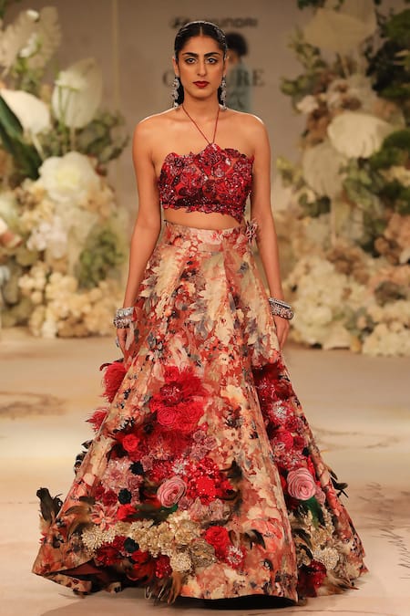 Shop_Varun Bahl_Red Silk, Brocade Embroidery, Sequins, 3d Floral Corsage Lehenga With Blouse _Online_at_Aza_Fashions