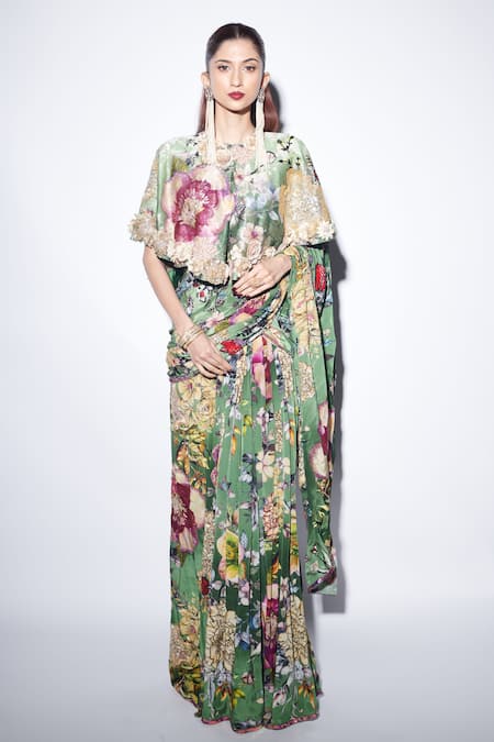 Varun Bahl Green Silk, Crepe, Net Sequins, Embroidery Floral Embellished Saree Set Online at Aza Fashions Varun Bahl_Green Silk, Crepe, Net Sequins, Embroidery Floral Embellished Saree Set _Online_at_Aza_Fashions