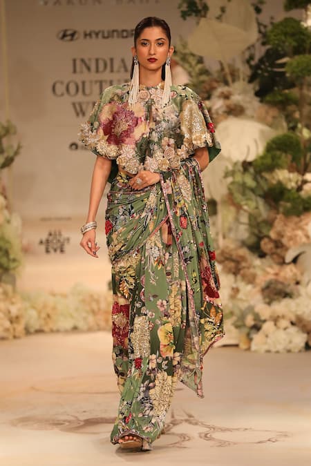 Buy_Varun Bahl_Green Silk, Crepe, Net Sequins, Embroidery Floral Embellished Saree Set _Online_at_Aza_Fashions