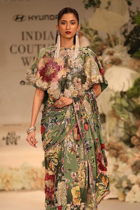 Shop Varun Bahl Green Silk, Crepe, Net Sequins, Embroidery Floral Embellished Saree Set Online at Aza Fashions Shop_Varun Bahl_Green Silk, Crepe, Net Sequins, Embroidery Floral Embellished Saree Set _Online_at_Aza_Fashions