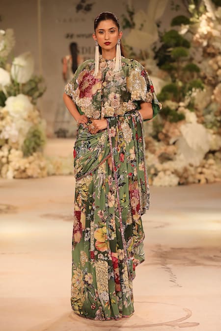 Varun Bahl_Green Silk, Crepe, Net Sequins, Embroidery Floral Embellished Saree Set _at_Aza_Fashions