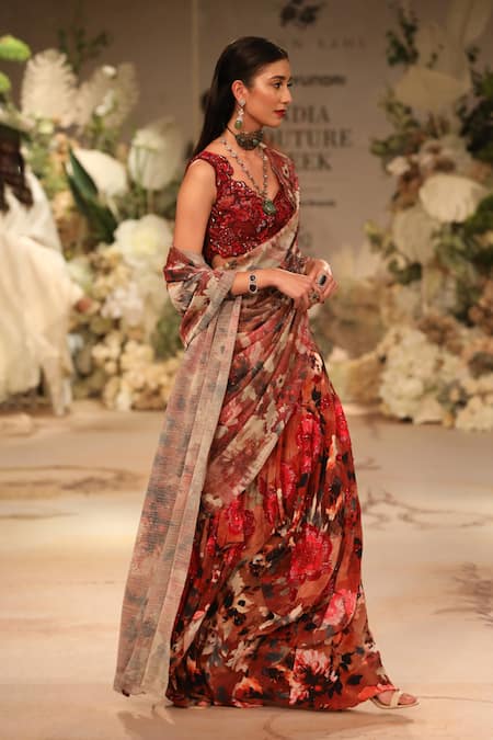 Varun Bahl Floral Applique Sequin Saree Gown 