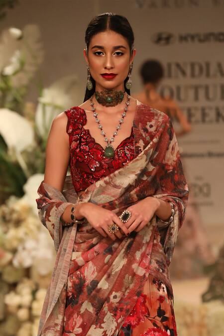 Varun Bahl_Red Crepe, Silk Sequins, Embroidery Sweetheart Neck Floral Applique Saree Gown _Online_at_Aza_Fashions
