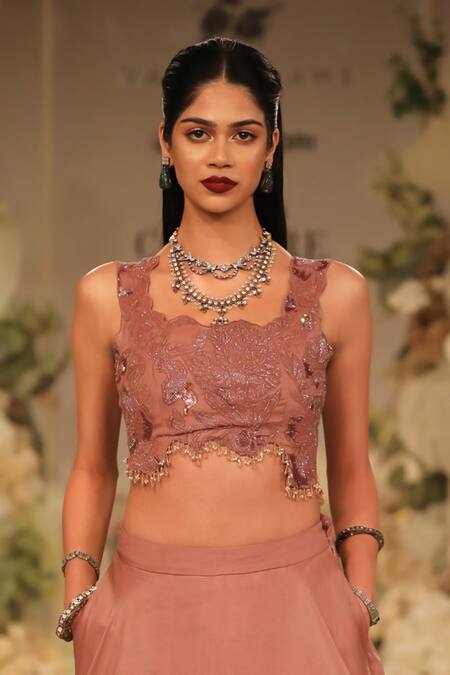 Varun Bahl_Pink Organza Embroidery, Sequins Floral Corsage Applique Lehenga With Blouse _Online_at_Aza_Fashions