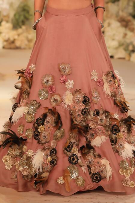 Buy_Varun Bahl_Pink Organza Embroidery, Sequins Floral Corsage Applique Lehenga With Blouse _Online_at_Aza_Fashions