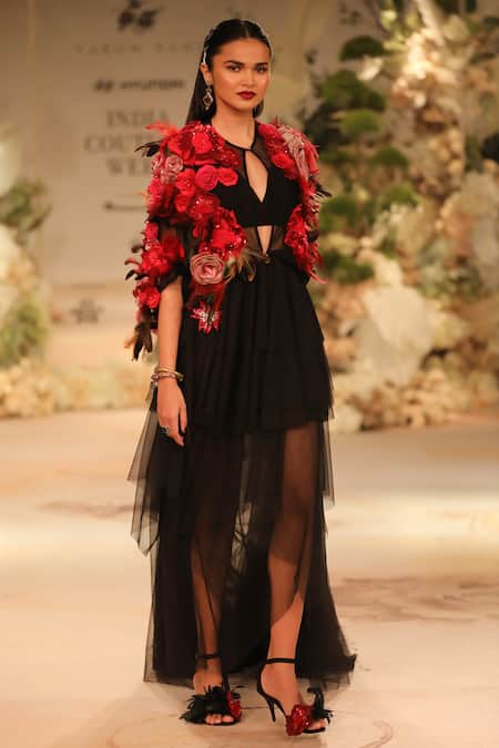 Shop_Varun Bahl_Black Tulle, Crepe Sequins, Embroidery, Placed Floral Corsage Embellished Dress _at_Aza_Fashions