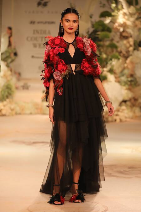 Varun Bahl_Black Tulle, Crepe Sequins, Embroidery, Placed Floral Corsage Embellished Dress _Online_at_Aza_Fashions