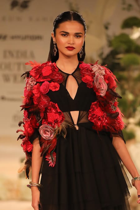 Buy Varun Bahl Black Tulle, Crepe Sequins, Embroidery, Placed Floral Corsage Embellished Dress Online at Aza Fashions Buy_Varun Bahl_Black Tulle, Crepe Sequins, Embroidery, Placed Floral Corsage Embellished Dress _Online_at_Aza_Fashions
