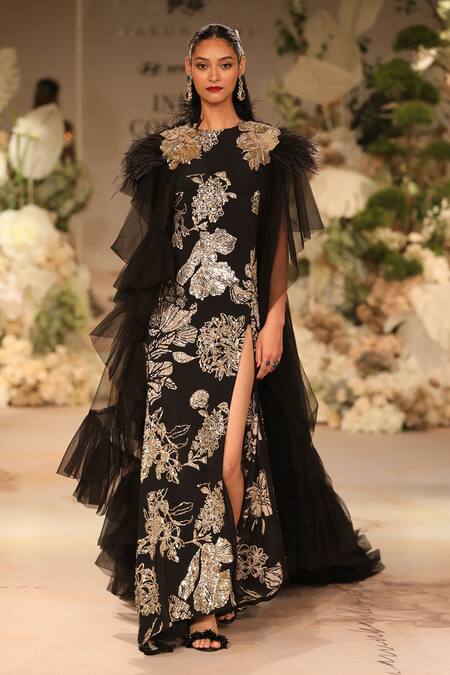 Varun Bahl_Black Crepe, Georgette, Tulle Sequins Round Embellished Gown With Ruffle Cape _Online_at_Aza_Fashions