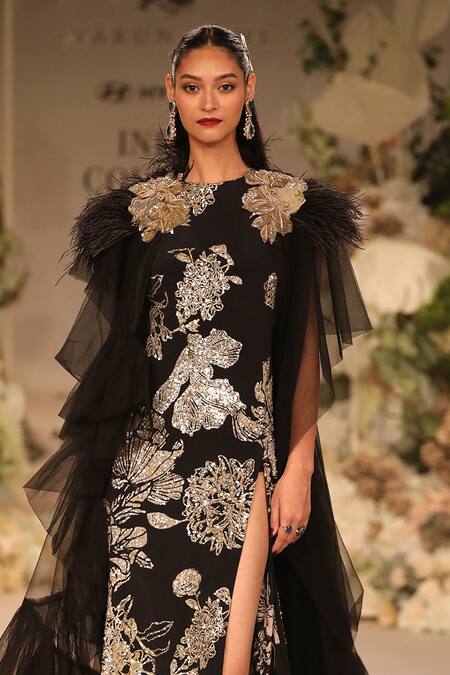 Buy Varun Bahl Black Crepe, Georgette, Tulle Sequins Round Embellished Gown With Ruffle Cape Online at Aza Fashions Buy_Varun Bahl_Black Crepe, Georgette, Tulle Sequins Round Embellished Gown With Ruffle Cape _Online_at_Aza_Fashions