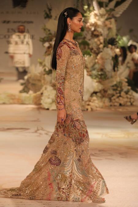Shop_Varun Bahl_Beige Tulle Embroidered Sequin V-neck Embellished Slit Gown  _at_Aza_Fashions