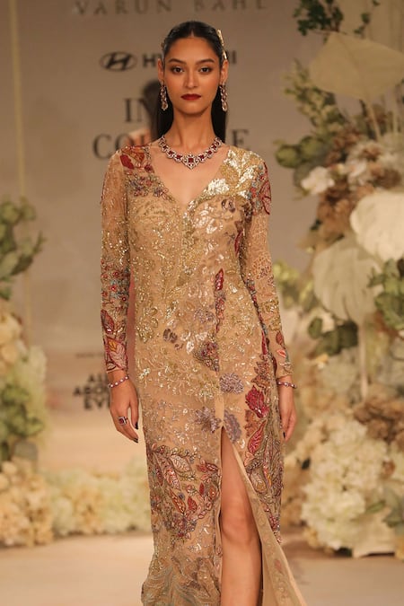 Varun Bahl_Beige Tulle Embroidered Sequin V-neck Embellished Slit Gown  _Online_at_Aza_Fashions