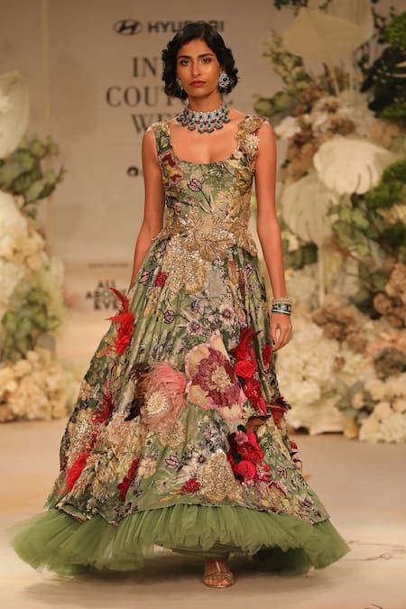 Varun Bahl Green Botanic Print Corsage Gown 